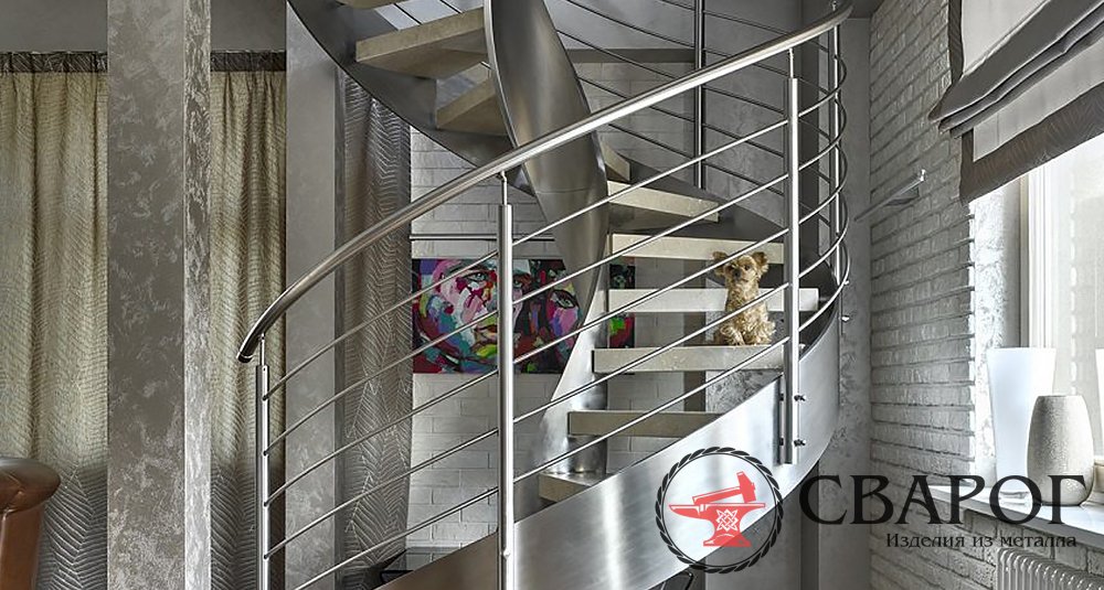 Винтовая лестница с перилами из нержавеющей стали